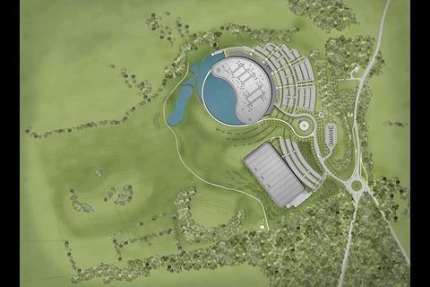 Below: The production facility is 400m from the existing, serpentine-fronted technology centre. Landscaping and trees will hide the new building from the road (right of picture) and a footpath (left)